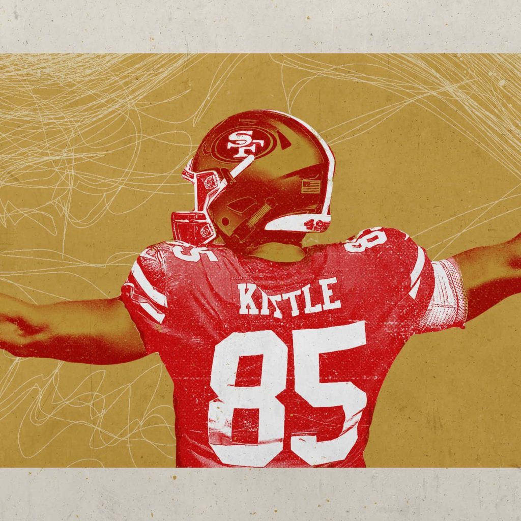 George Kittle 49ers wallpaper red jersey 85 gold background 3D art athletic energy design