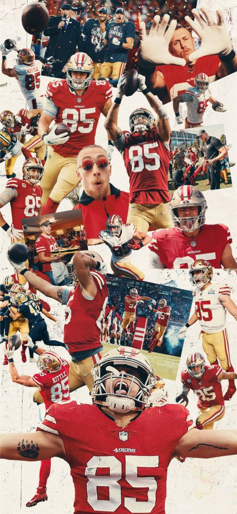 Dynamic San Francisco 49ers George Kittle collage wallpaper with action shots and vibrant red gold hues