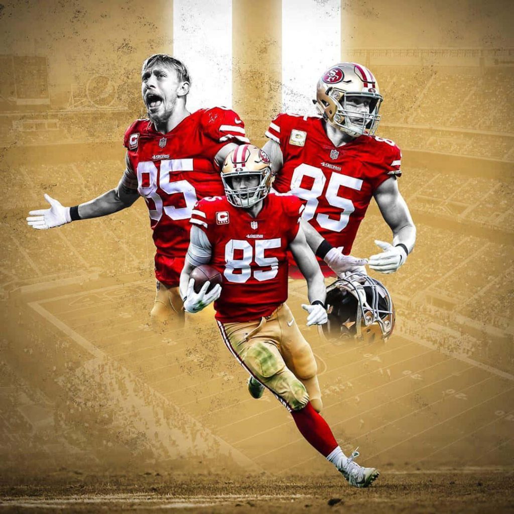 San Francisco 49ers George Kittle digital wallpaper with three dynamic poses and gold stadium background