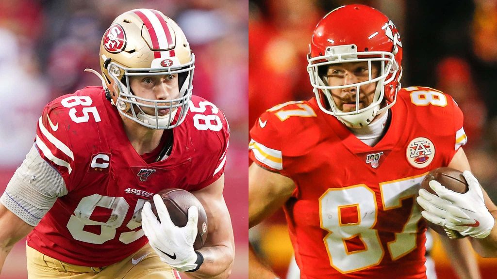 NFL wallpaper featuring George Kittle and Travis Kelce in intense game action split-screen background