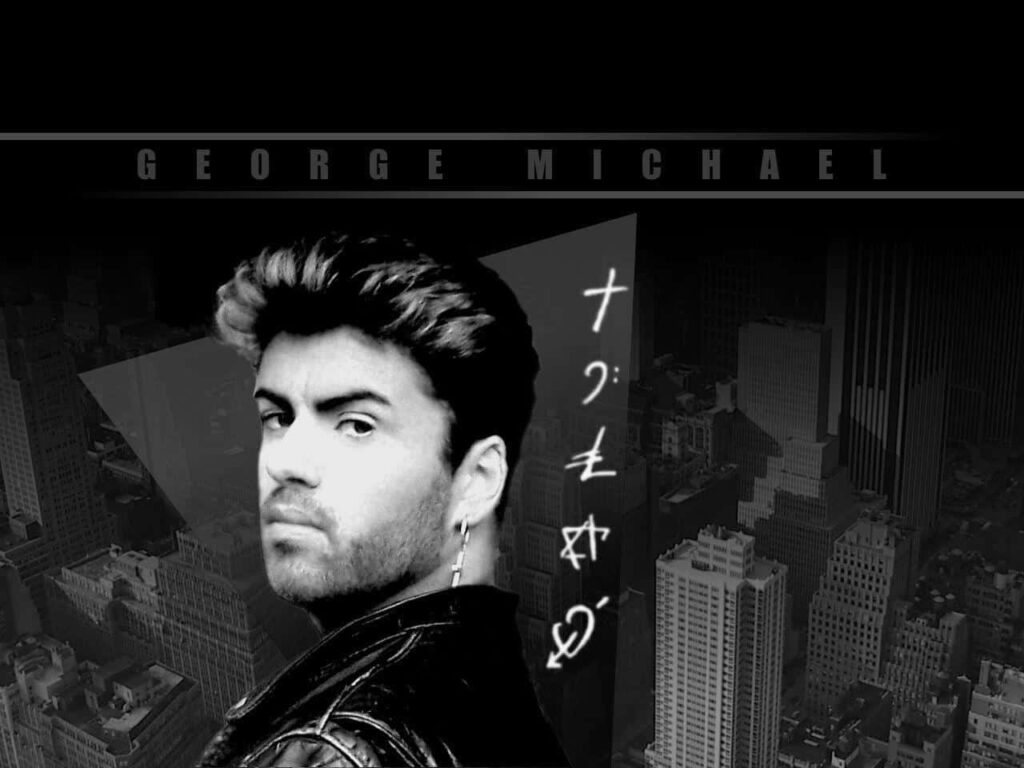 1987 George Michael Black-and-White Wallpaper with Cityscape Background