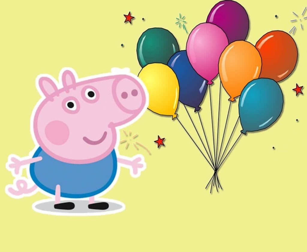 George Pig in blue shirt holding balloons on yellow starry background kids wallpaper cartoon