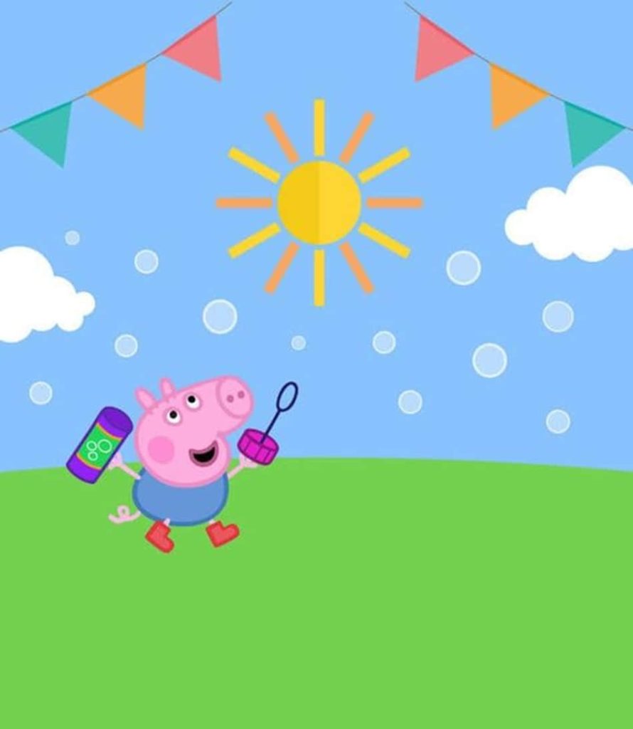 George Pig cartoon wallpaper blowing bubbles outdoors with sun blue sky and festive flags