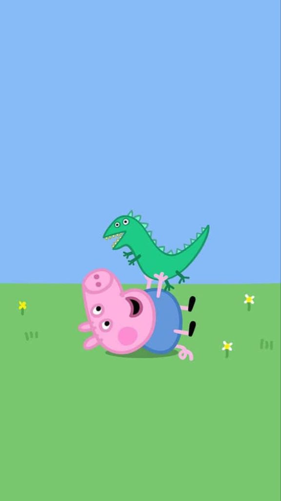 George Pig playing with green dinosaur toy in sunny field blue sky Peppa Pig wallpaper
