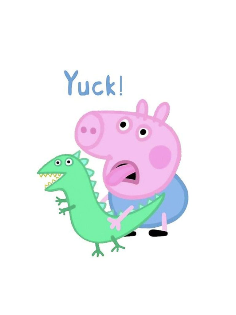 George Pig from Peppa Pig with disgusted expression holding green dinosaur toy on white background Wallpaper