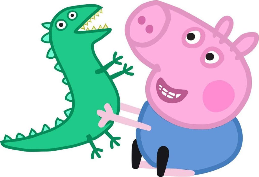 George Pig from Peppa Pig holding Mr Dinosaur cheerful 2D digital vector wallpaper background