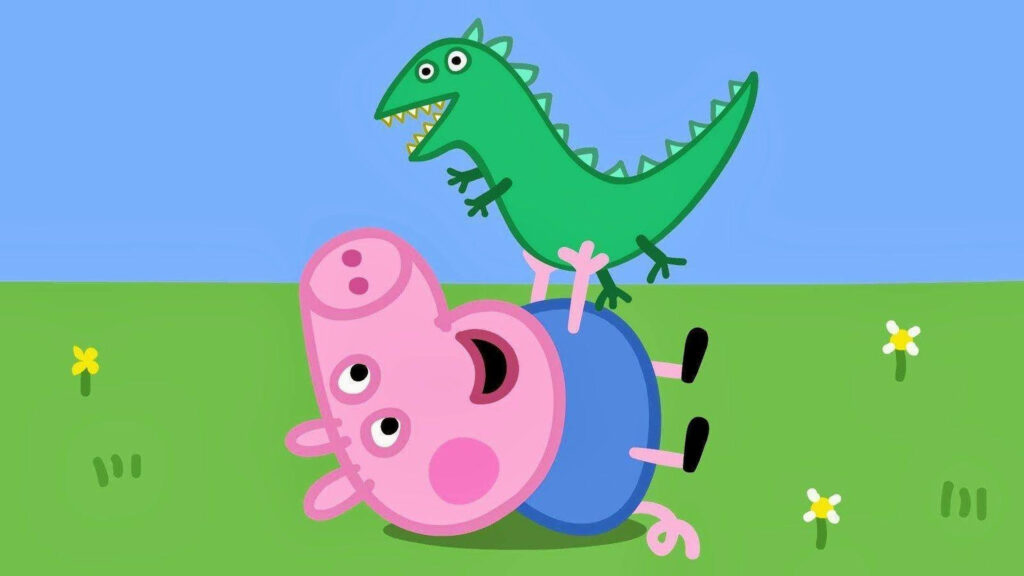 George Pig's Serene Day in the Sun: Mr. Dinosaur and Plush Toy Bliss on Peppa Pig Tablet Wallpaper