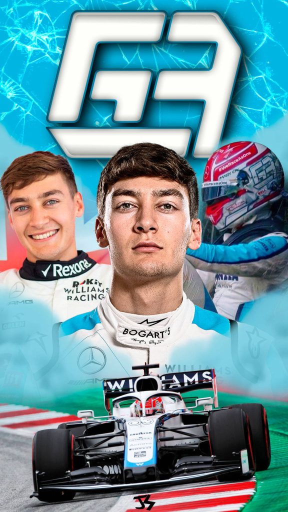 George Russell Williams Racing digital wallpaper collage with race car electric blue white background