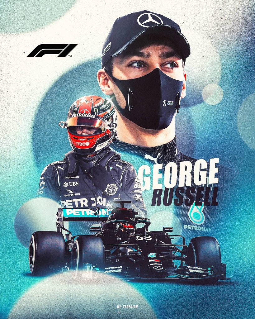 George Russell Mercedes AMG Petronas F1 driver digital wallpaper with car and abstract blue background
