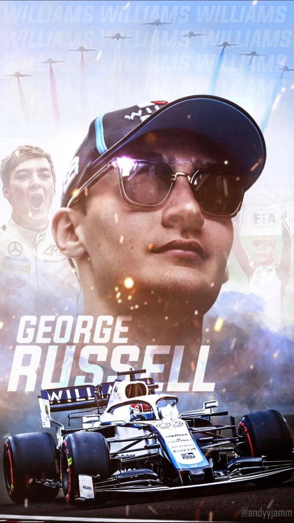 George Russell Williams F1 fan edit wallpaper with driver sunglasses car and team branding