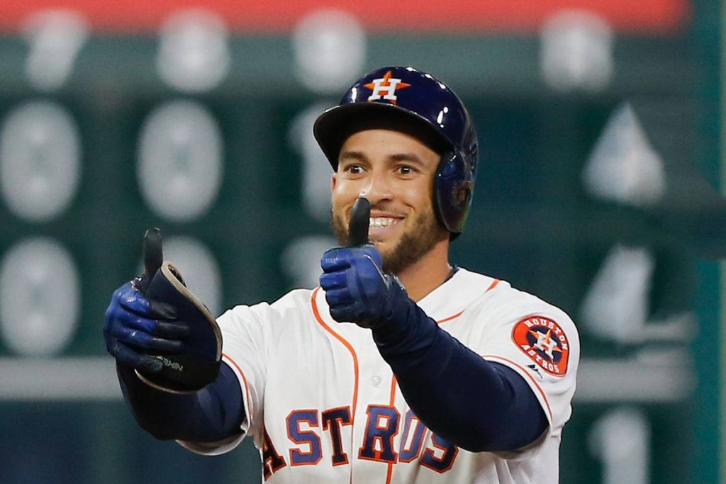 George Springer Houston Astros smiling in white jersey thumbs up on field baseball wallpaper background