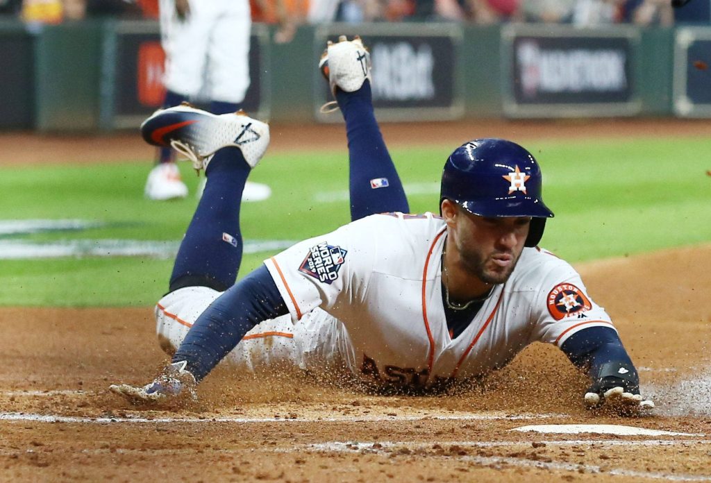 George Springer diving headfirst at base 2019 World Series Houston Astros dynamic action wallpaper