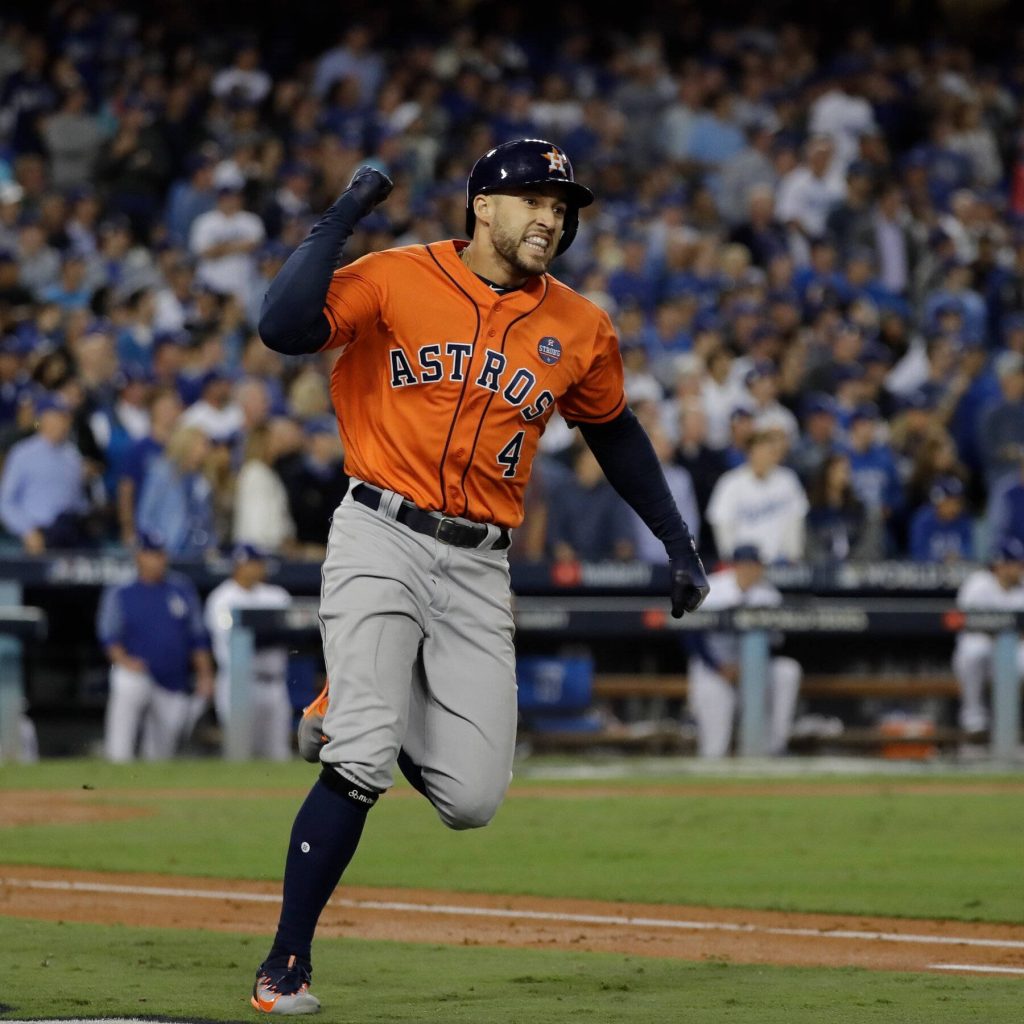 George Springer Houston Astros action shot night game vibrant orange jersey MLB wallpaper