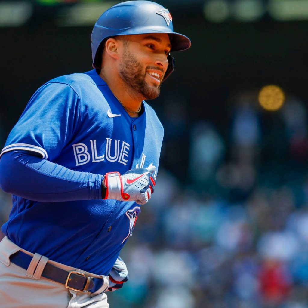 George Springer Toronto Blue Jays close-up action shot blue helmet jersey baseball wallpaper
