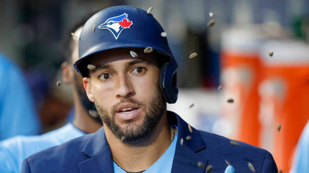 George Springer Toronto Blue Jays helmet navy blazer surprised expression sunflower seeds shower Wallpaper