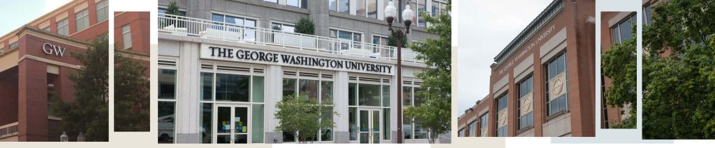 The George Washington University campus collage with brick buildings lush trees and GW signage Wallpaper