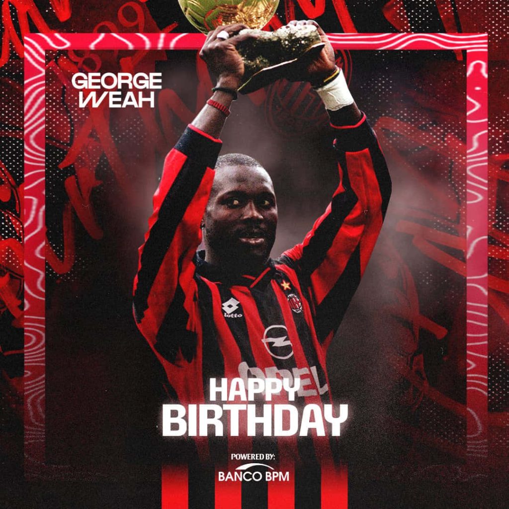 George Weah AC Milan birthday wallpaper lifting trophy in red and black kit vibrant design