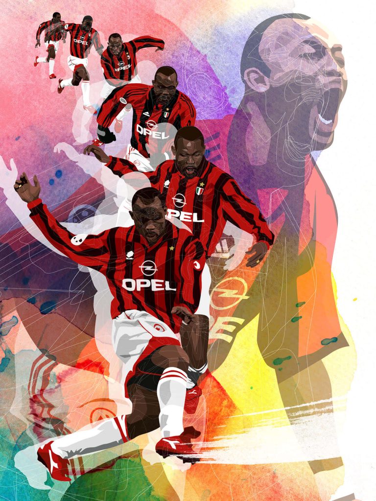 George Weah AC Milan digital illustration wallpaper vibrant action poses red black kit