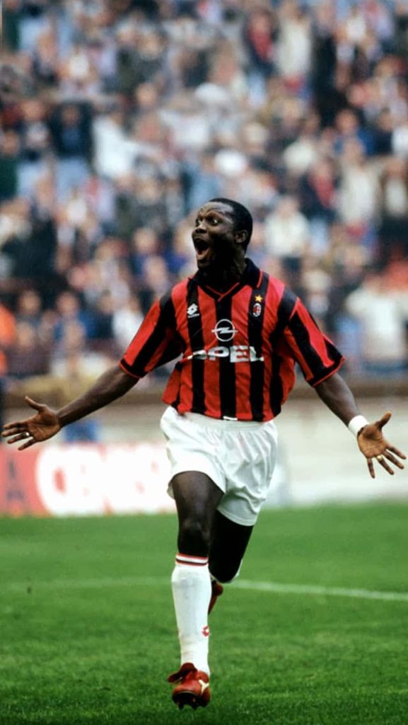 George Weah AC Milan celebrating goal vintage red and black striped football kit wallpaper