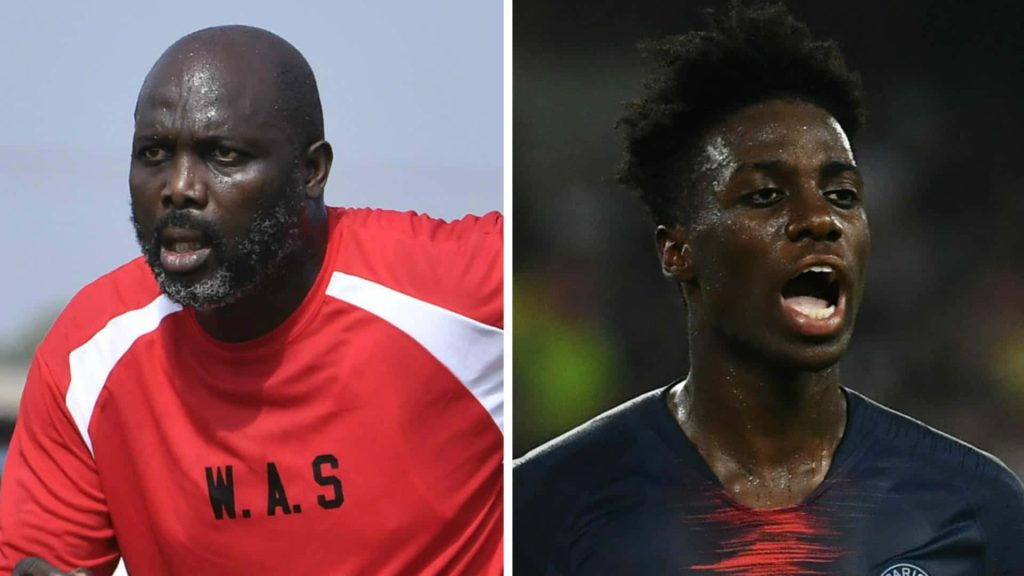 Split-screen wallpaper of football legend George Weah in red and son Timothy Weah in dark kit