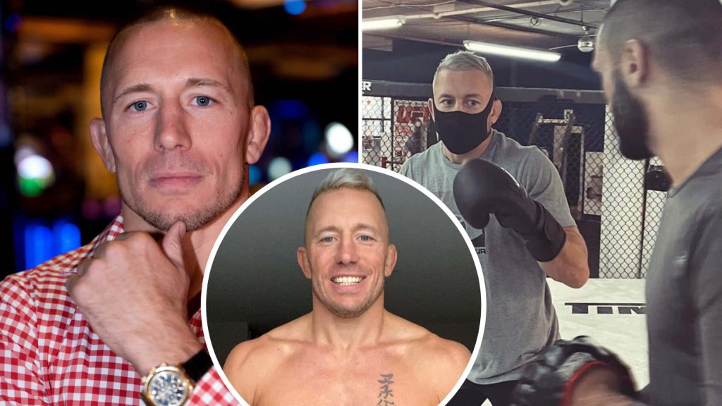 Georges St-Pierre collage wallpaper showing stylish, smiling, and intense MMA training moments