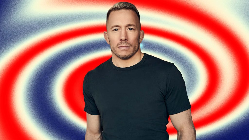 Georges St-Pierre portrait in black shirt with vibrant red white blue psychedelic swirl background wallpaper