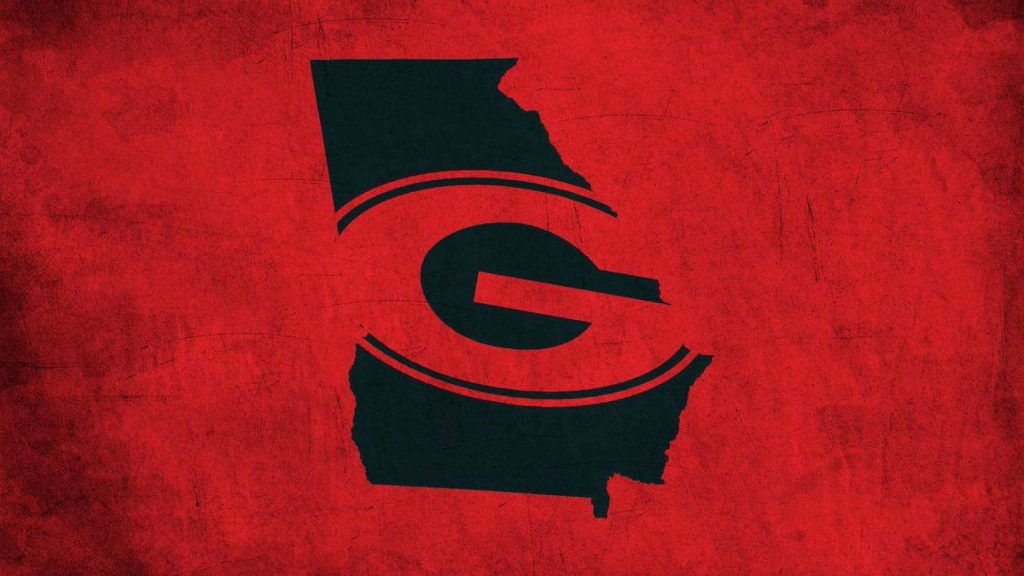 Georgia Bulldogs wallpaper with black G logo inside Georgia state outline on red background