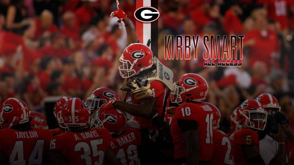 Georgia Bulldogs players in red uniforms on field Kirby Smart All Access wallpaper background