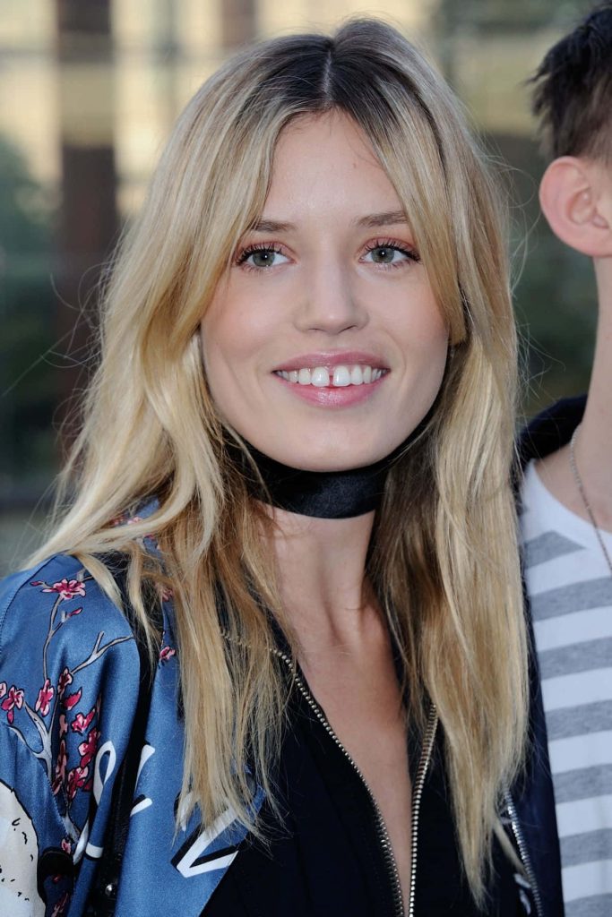 Georgia May Jagger portrait wallpaper with blonde hair blue floral jacket and black choker stylish fashion