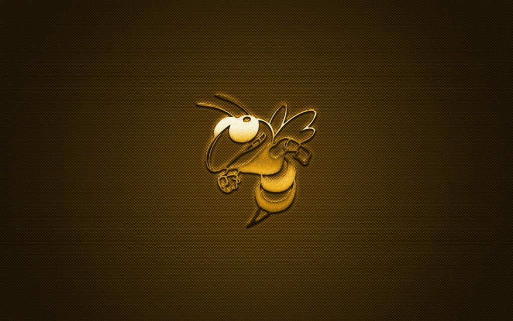 Georgia Tech Buzz Yellow Jacket metallic gold mascot on dark carbon fiber textured background wallpaper