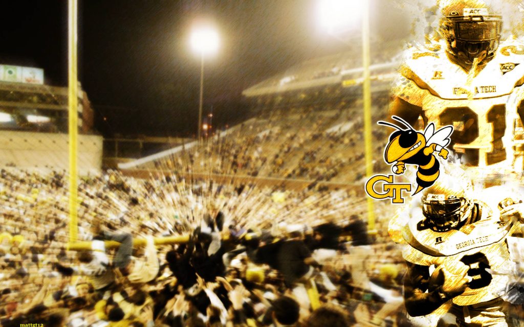 Georgia Tech football wallpaper with players in white and Buzz mascot in vibrant night stadium
