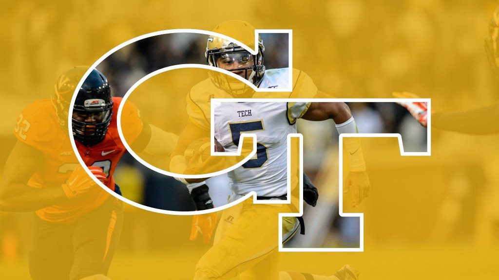 Georgia Tech football wallpaper with dynamic Yellow Jackets player and bold gold GT logo background