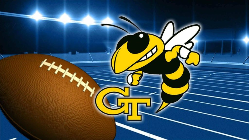 Georgia Tech football wallpaper with Buzz mascot, interlocking GT logo, and stadium field background