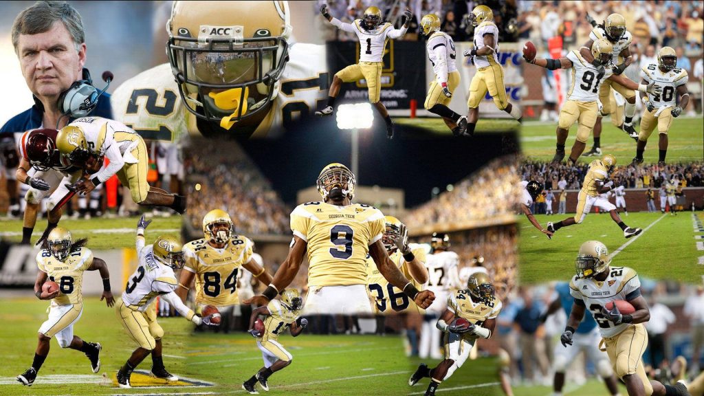 Georgia Tech football wallpaper featuring Yellow Jackets players and coach Paul Johnson in action
