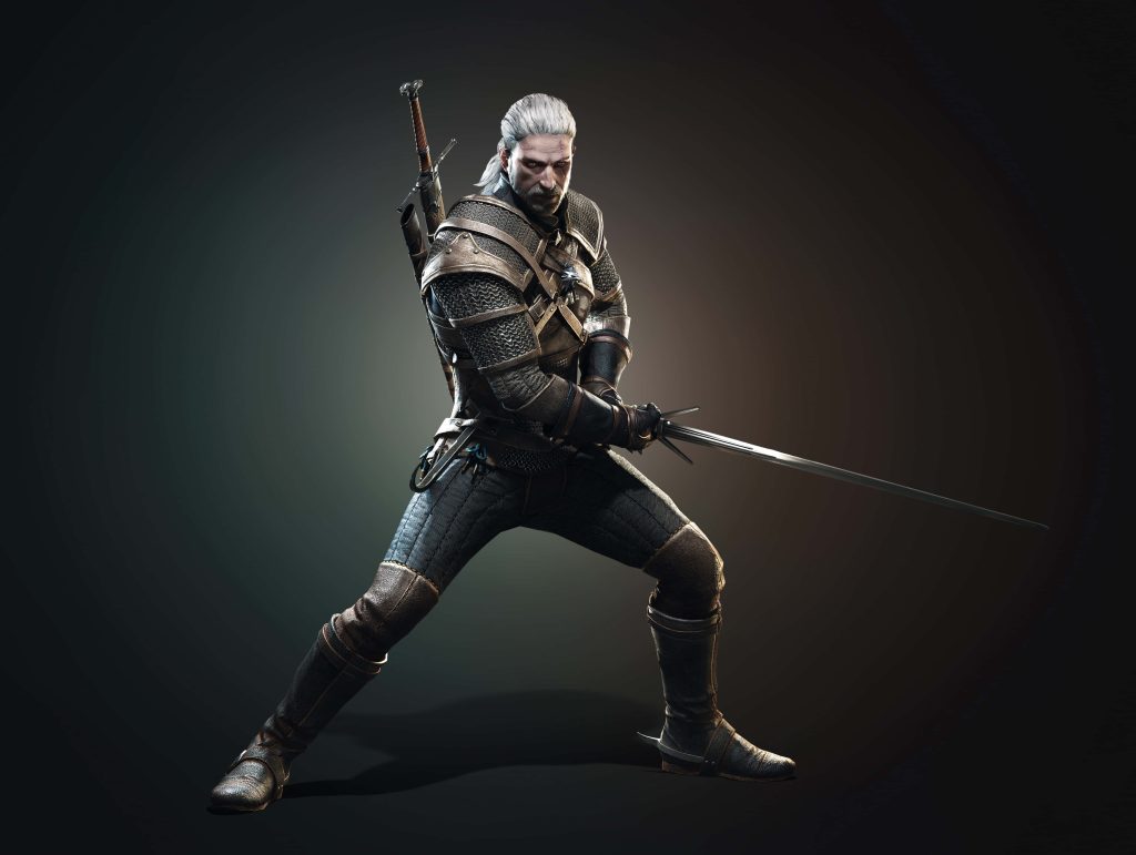 Geralt of Rivia CGI wallpaper in dynamic combat stance with detailed armor and cinematic lighting