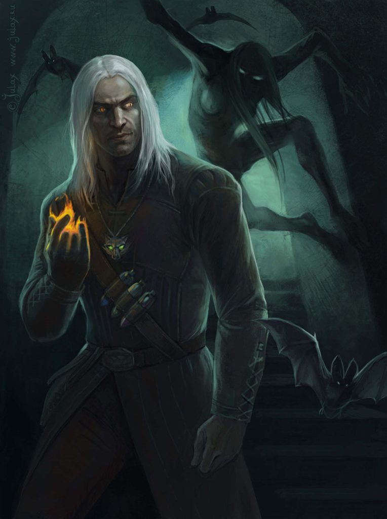 Geralt of Rivia casting Igni sign in dark lair with wolf medallion and eerie creature lurking Wallpaper