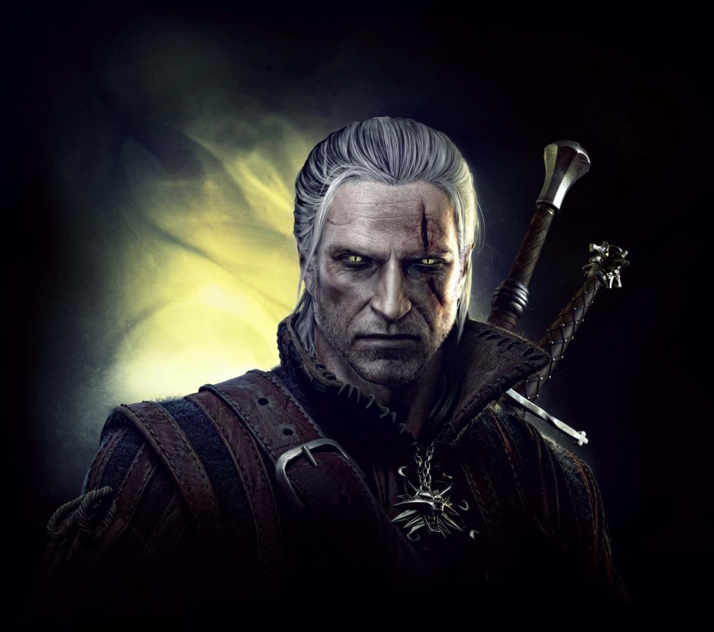 Geralt of Rivia portrait digital art with scar glowing yellow eyes Wolf medallion dark background Wallpaper