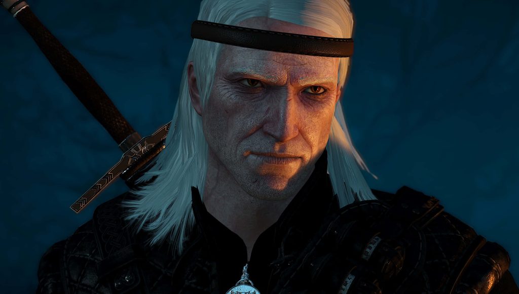 Geralt of Rivia close-up Witcher 3 wallpaper with white hair golden eyes and dramatic lighting