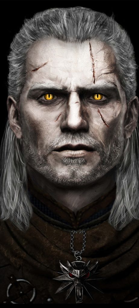 Geralt of Rivia digital art wallpaper with white hair yellow eyes scars and wolf medallion background