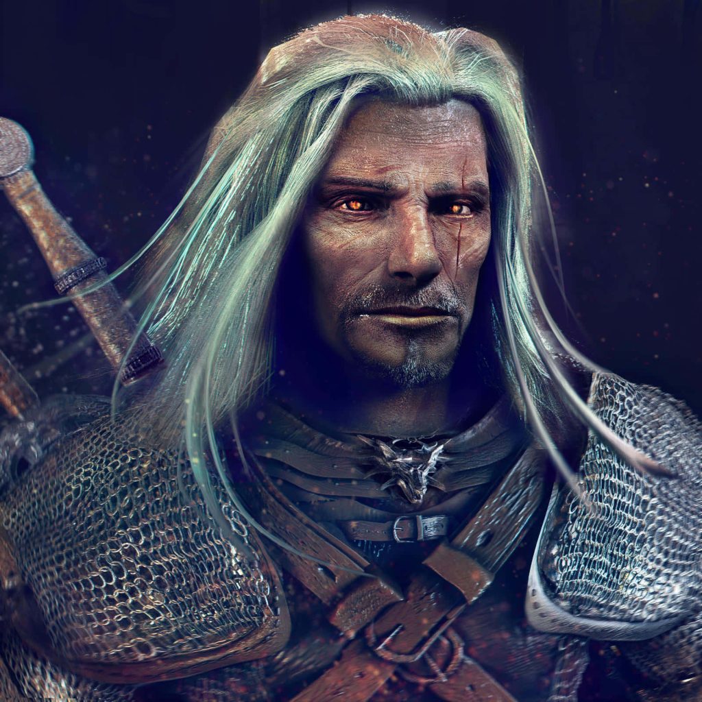 Digital portrait of Geralt of Rivia with white hair glowing amber eyes and wolf medallion wallpaper