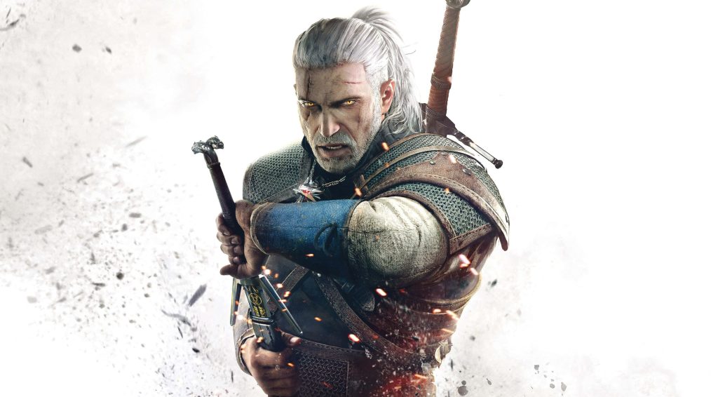 Geralt of Rivia with white hair yellow eyes sword chainmail sparks dynamic warrior wallpaper