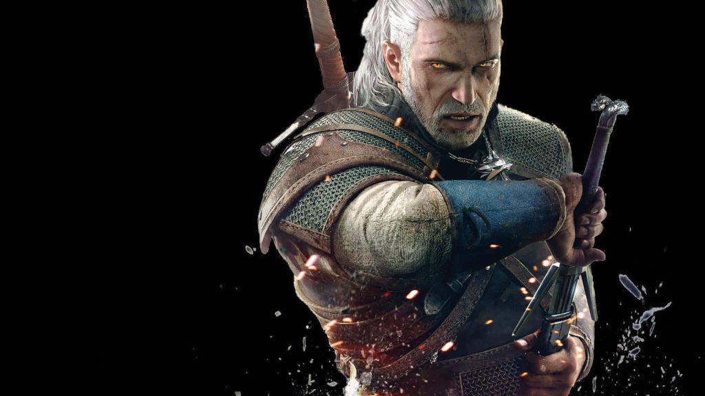 Geralt of Rivia The Witcher 3 CGI render glowing eyes scar silver sword embers wallpaper
