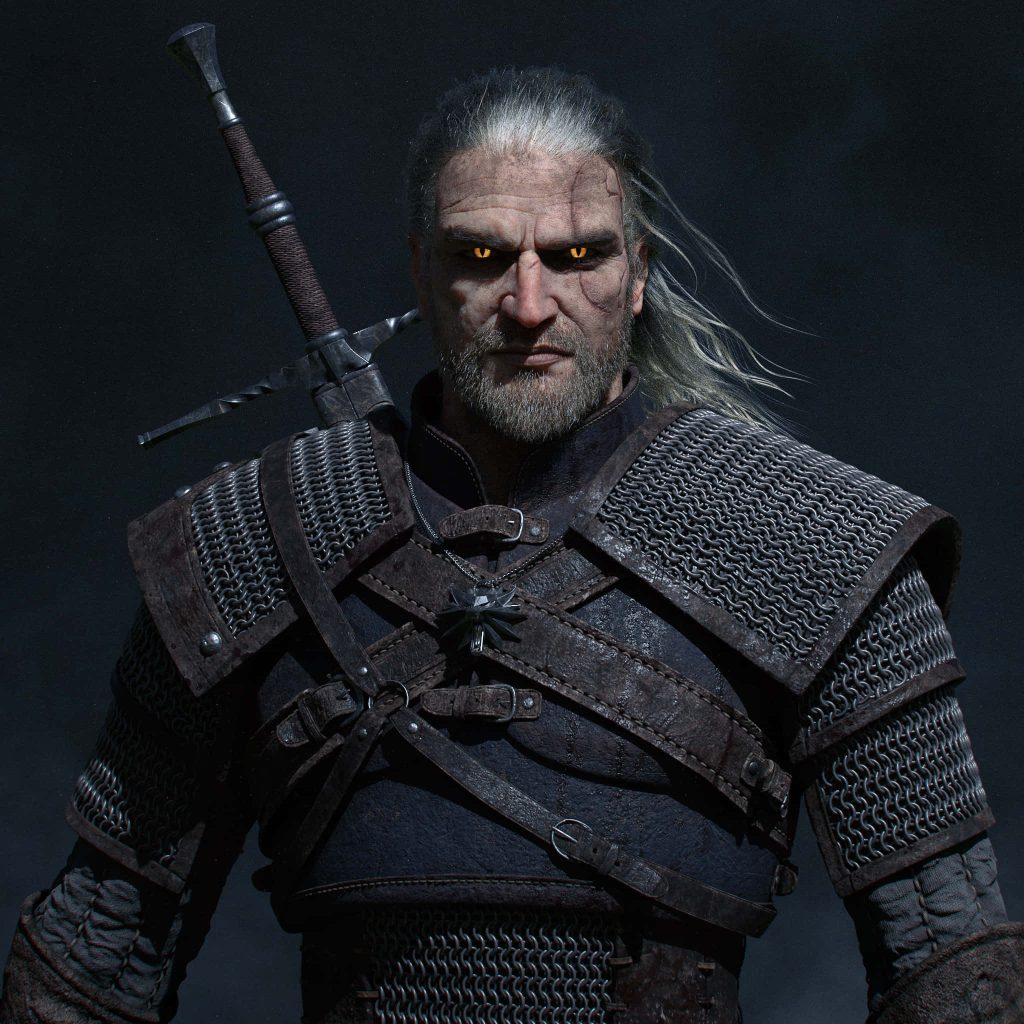 Geralt of Rivia portrait white hair scar yellow eyes detailed armor Witcher wallpaper