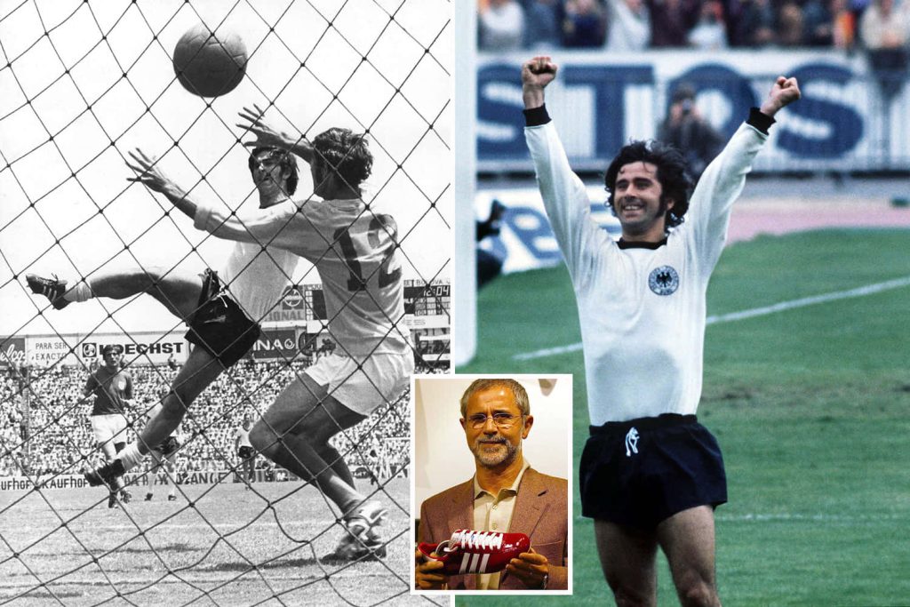 Football legend Gerd Muller collage with goal highlight portrait and iconic celebration in German kit Wallpaper