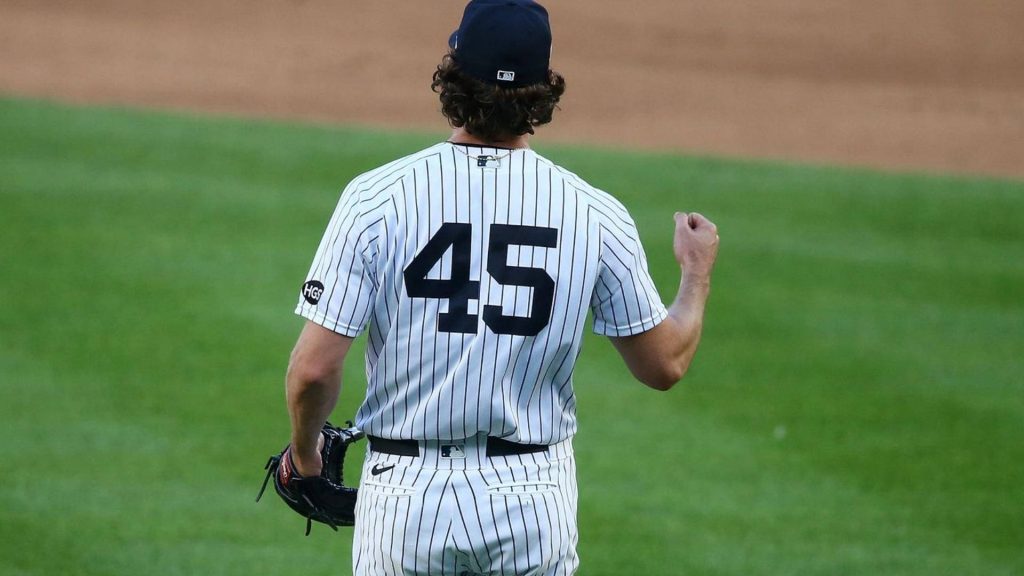 New York Yankees pitcher Gerrit Cole celebrates on field in pinstriped jersey number 45 wallpaper