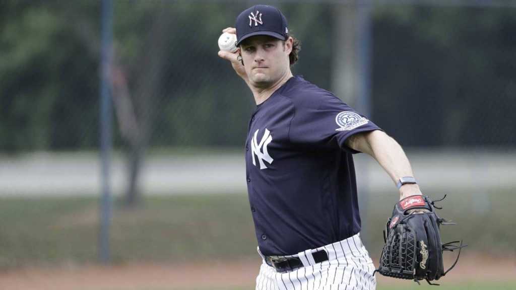Gerrit Cole pitching for New York Yankees in pinstriped uniform high-quality baseball wallpaper