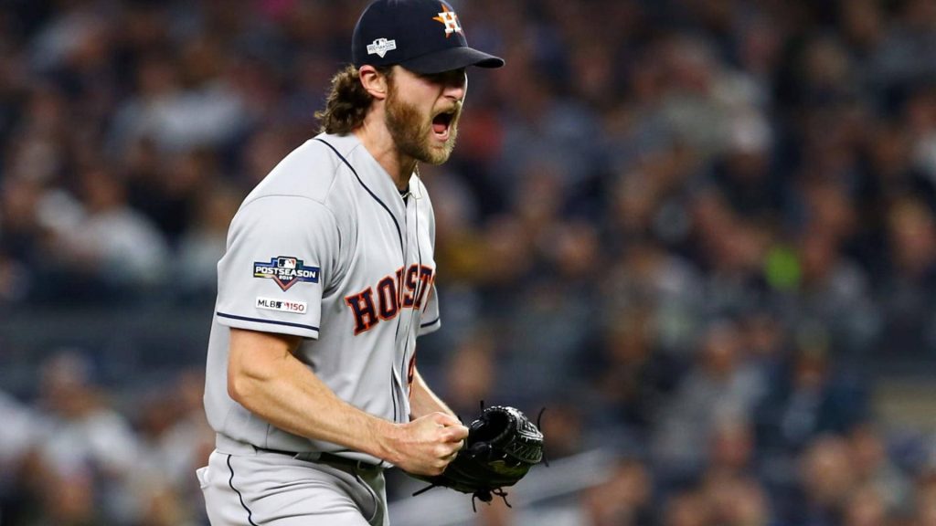 Houston Astros pitcher Gerrit Cole celebrates intensely in 2019 MLB Postseason uniform wallpaper