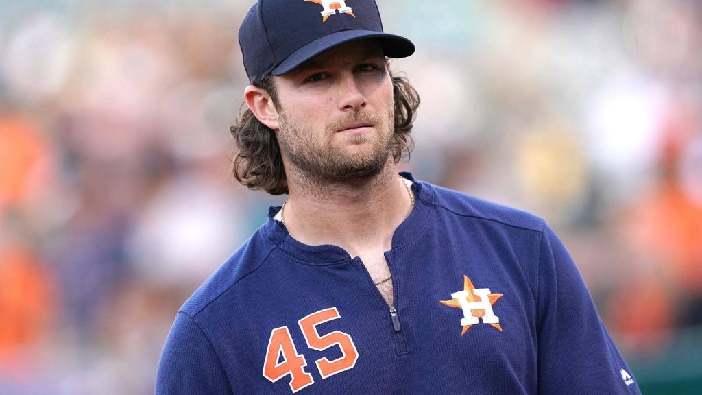 MLB pitcher Gerrit Cole in Houston Astros jersey number 45 sharp portrait wallpaper background
