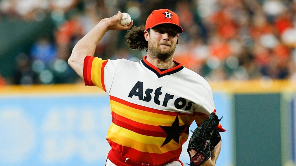 Gerrit Cole pitching in retro Houston Astros jersey intense MLB baseball action wallpaper