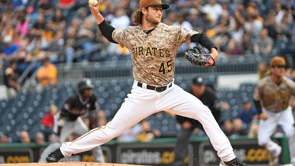 Gerrit Cole pitching in camouflage Pittsburgh Pirates jersey number 45 dynamic MLB action wallpaper